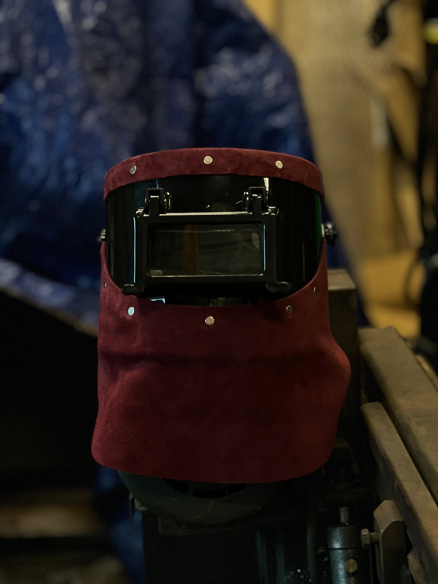 Maroon leather flip lense auto darkening welding custom helmet