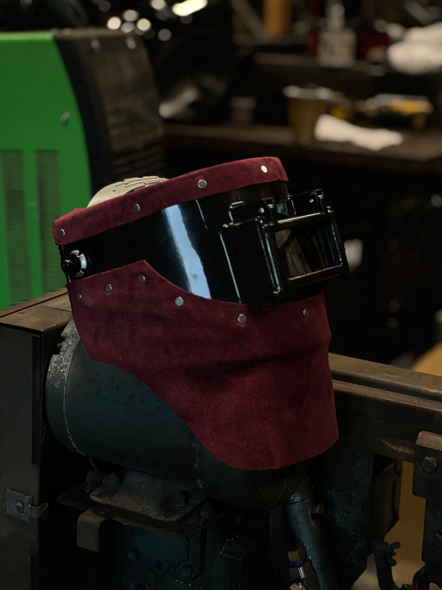 Maroon leather flip lense auto darkening welding custom helmet