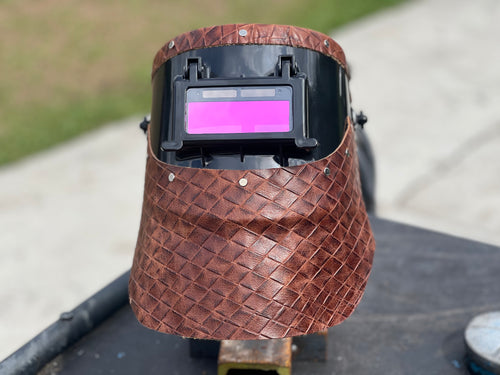 Double Chopped Tiger Welding Hood — Brown Basket-Weave Leather