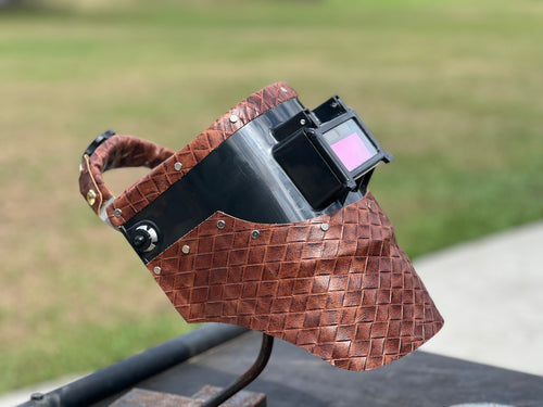 Double Chopped Tiger Welding Hood — Brown Basket-Weave Leather