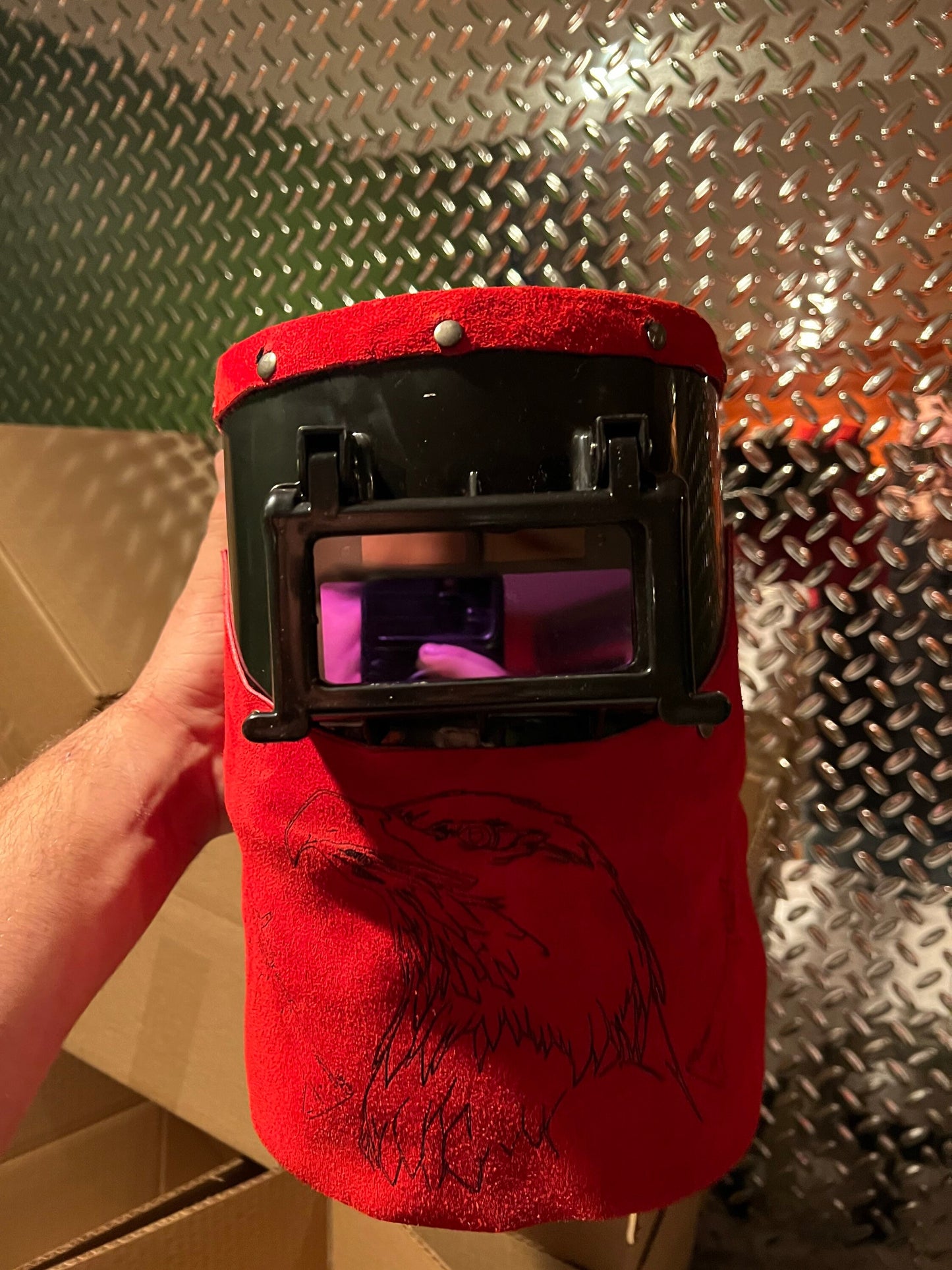 Southern Leather Works The custom Great American auto darkening welding helmet